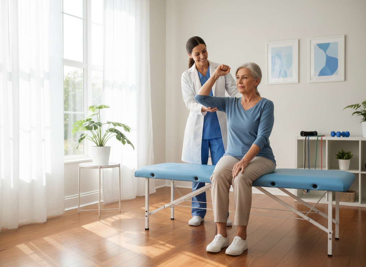 A physical therapist assisting an older adult patient with a gentle exercise in a warm, sunlit home setting